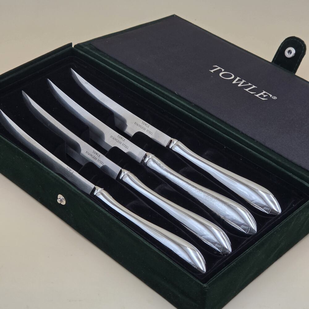 Towle Silversmiths Set Of 4 Stainless Steel Steak Knives Green Felt Box *CRAZING